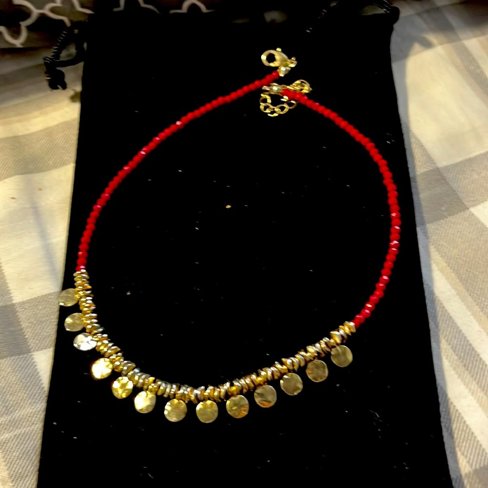 Silver and red beaded choker